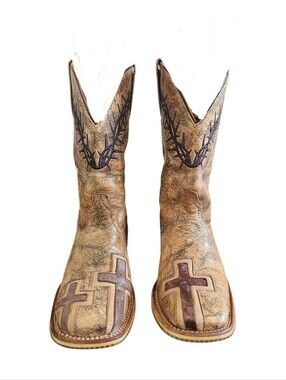 Tin Haul Men's John 3:16 Western Tan Leather Square- Toe Cowboy Boots Size 7.5D